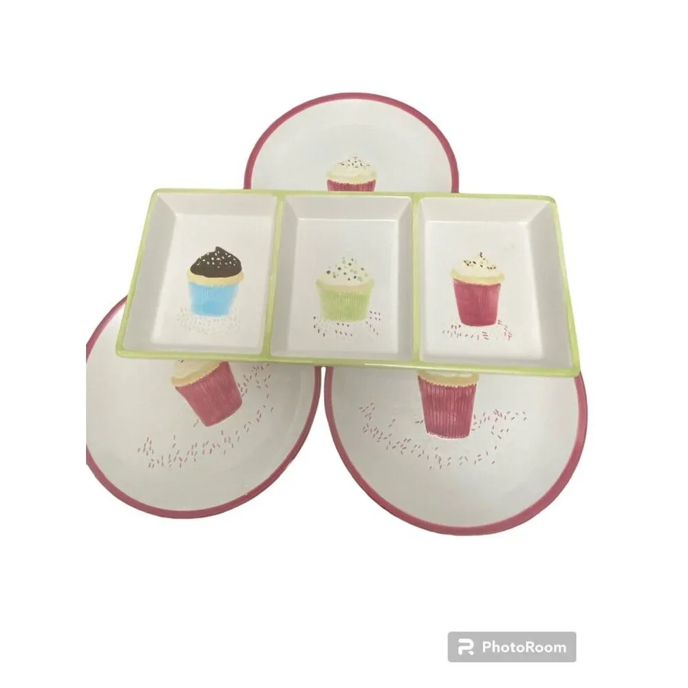Dessert Plates Set, 3 W/ Serving Tray, Oneida Sprinkles.